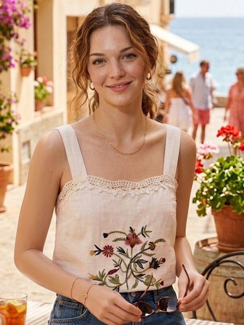 Badgley Mischka Embroidered Linen Boho Cottagecore Tank M